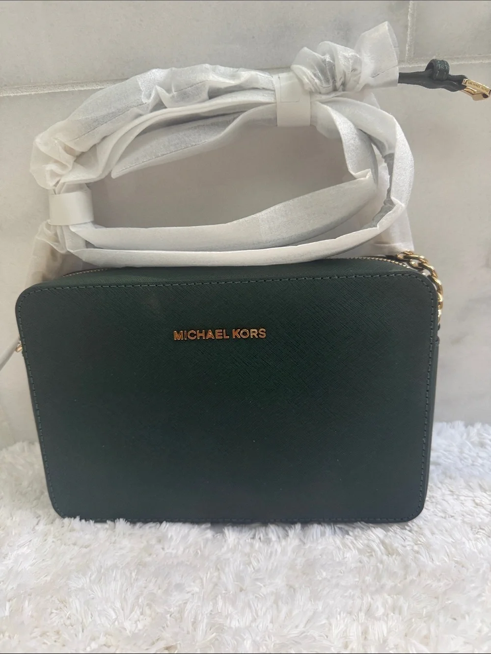 Michael Kors Dark Green Saffiano Leather Crossbody with Gold Hardware